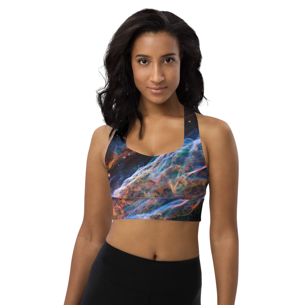 Stunning and Sexy Veil Nebula Longline Sports Bra, Celestial Design Sports Bra