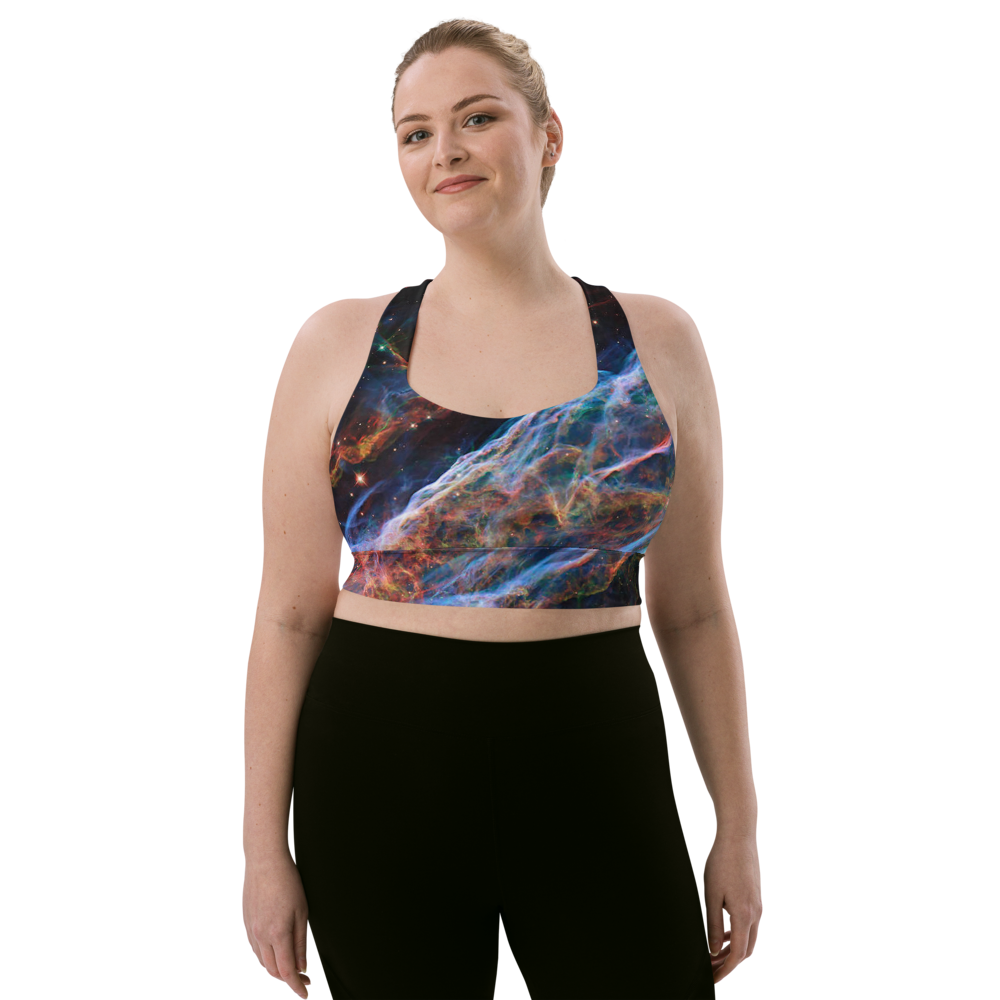 Stunning and Sexy Veil Nebula Longline Sports Bra, Celestial Design Sports Bra