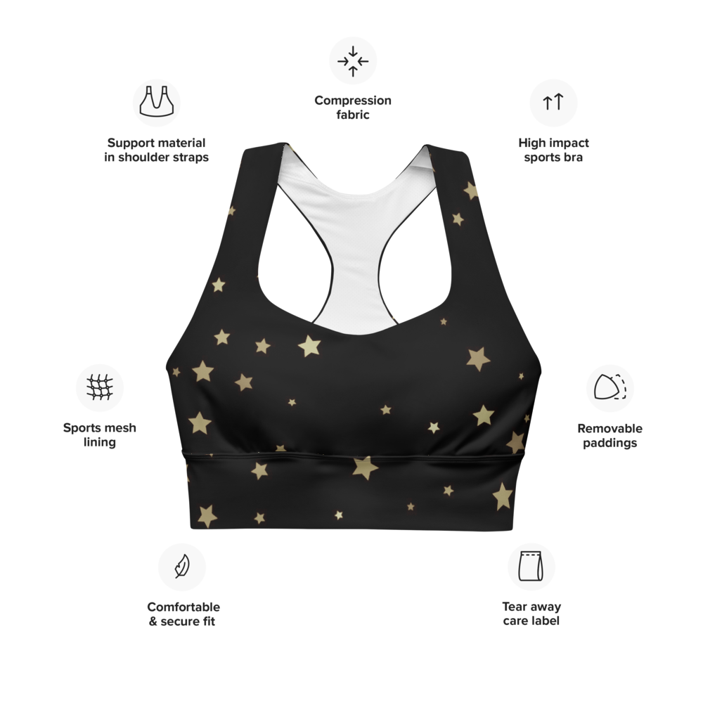 Cute Starry Night Longline Sports Bra, Celestial Designed Sports Bras by Productive Slacker