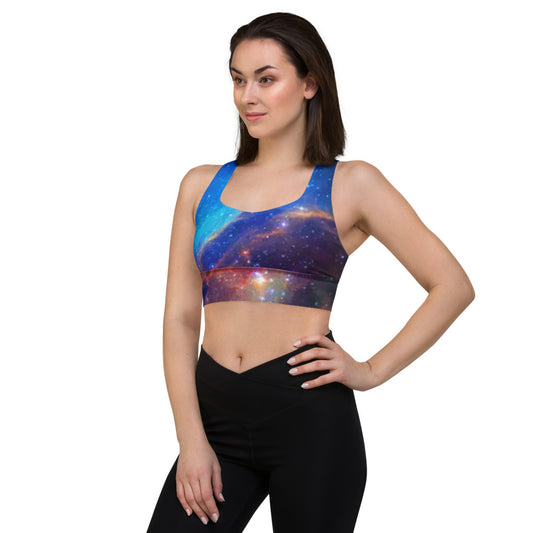 Trendy Pink and Blue Nebula Longline sports bra, Fun Celestial Sports Bra by Productive Slacker tm