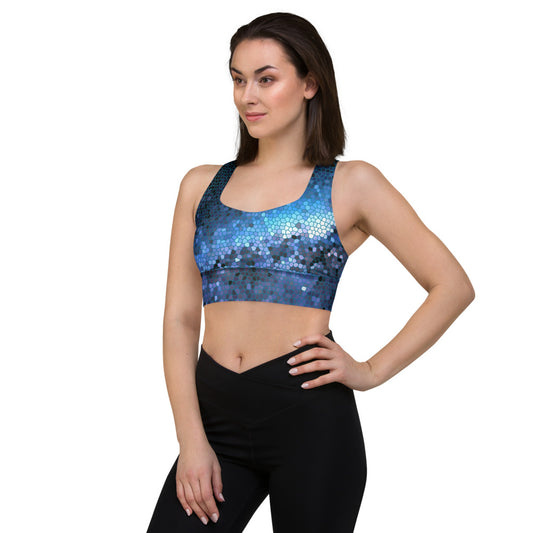 Unique Pixilated Milky Way Design Longline Sports Bra, Celestial Design Sports Bra by Productive Slacker