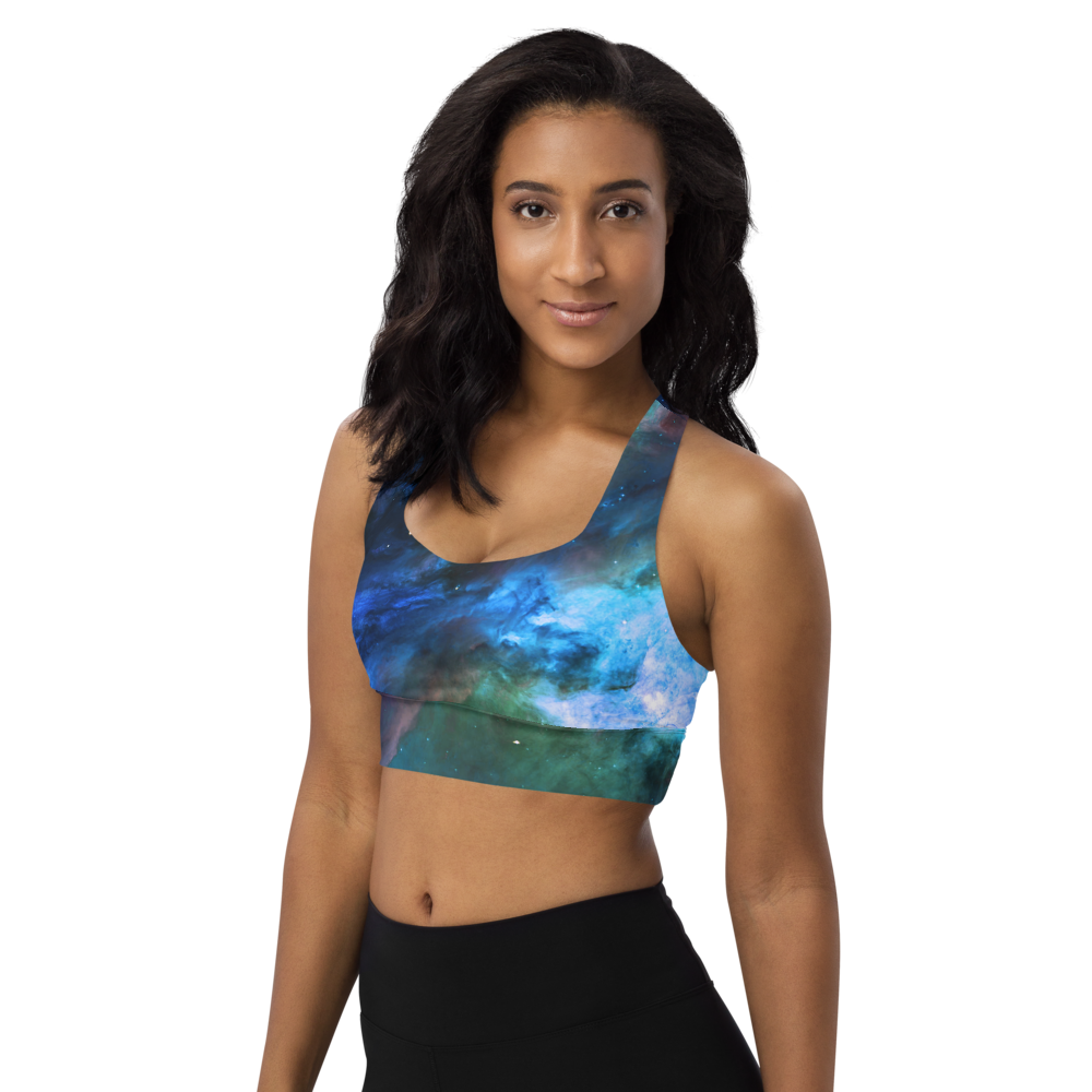 Fun Blue Nebula Star Dust Longline Sports Bra, Celestial Sports Bra by Productive Slacker