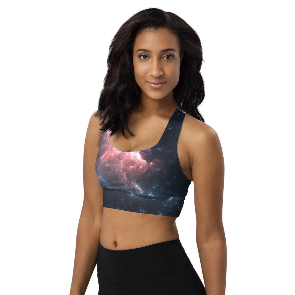 Stylish and Fun Dark Nebula Longline Sports Bra, Celestial Designed Sports Bra by Productive Slacker