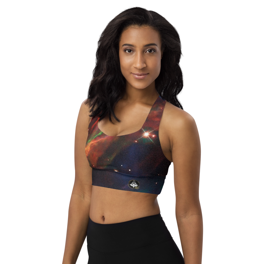 Fun Meditating Astronaut Logo Veil Nebula Longline Sports Bra, Celestial Design Sports Bra by Productive Slacker
