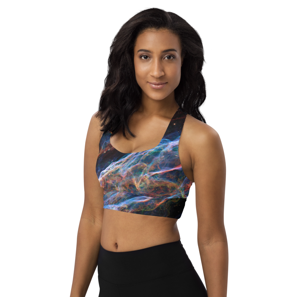 Stunning and Sexy Veil Nebula Longline Sports Bra, Celestial Design Sports Bra