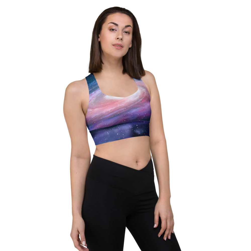 Cute Pink Galaxy Criss Cross Illusion Design Longline sports bra by Productive Slacker tm