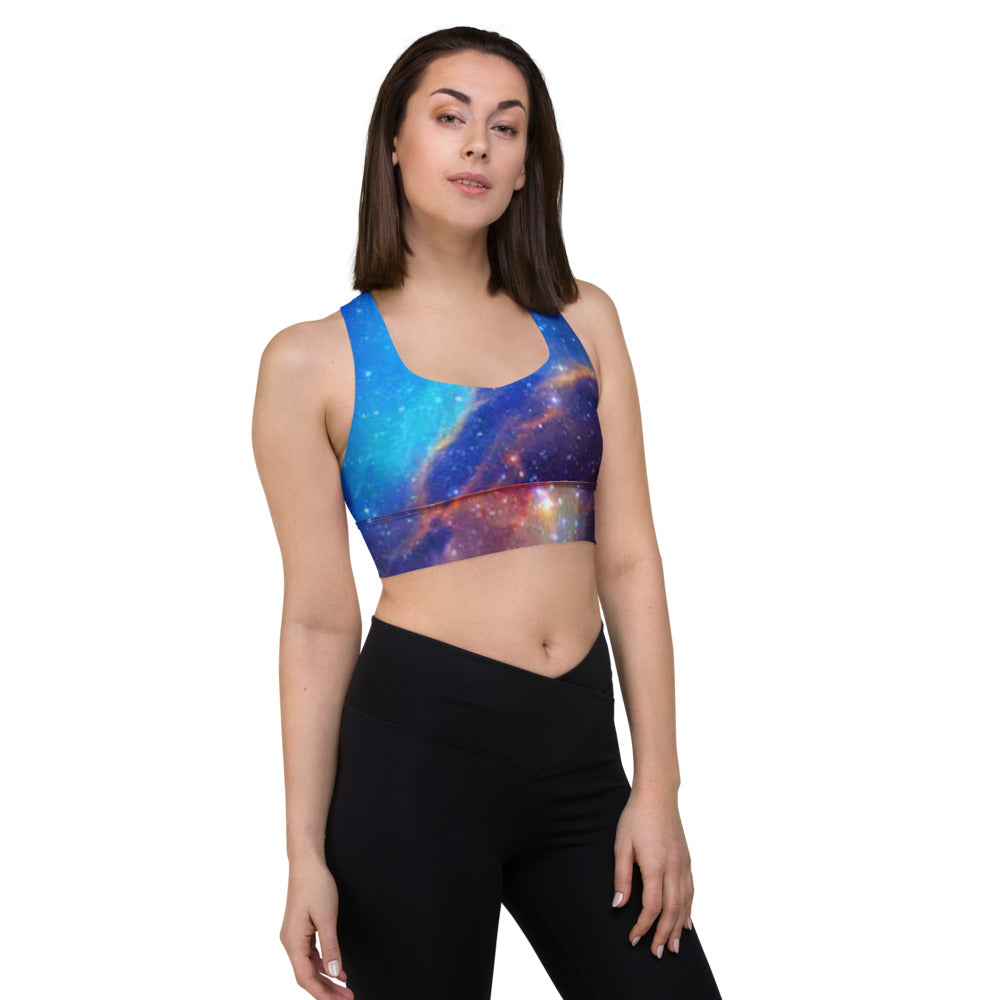 Trendy Pink and Blue Nebula Longline sports bra, Fun Celestial Sports Bra by Productive Slacker tm