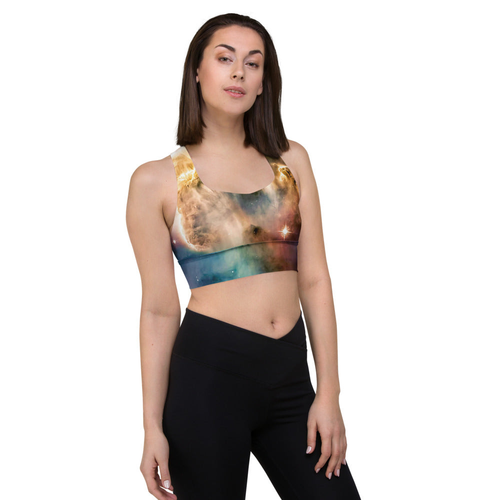 Stylish Pillars of Creation Nebula Longline Sports Bra, Celestial Sports Bra by Productive Slacker tm