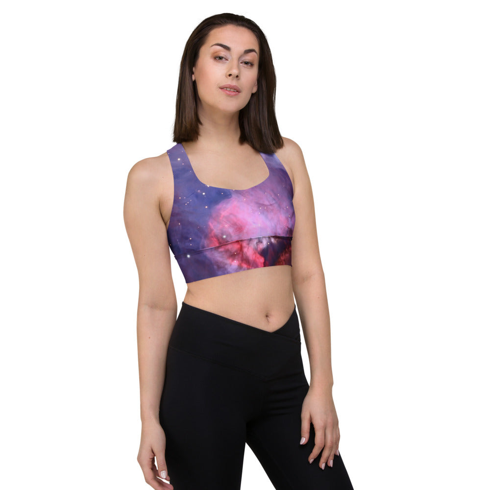 Alluring Pink Orion Nebula Longline Sports Bra, Cute Celestial Sports Bra by Productive Slacker