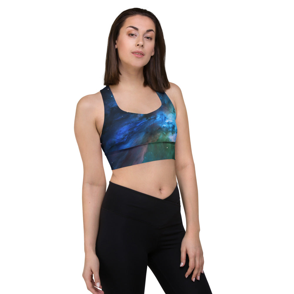 Fun Blue Nebula Star Dust Longline Sports Bra, Celestial Sports Bra by Productive Slacker