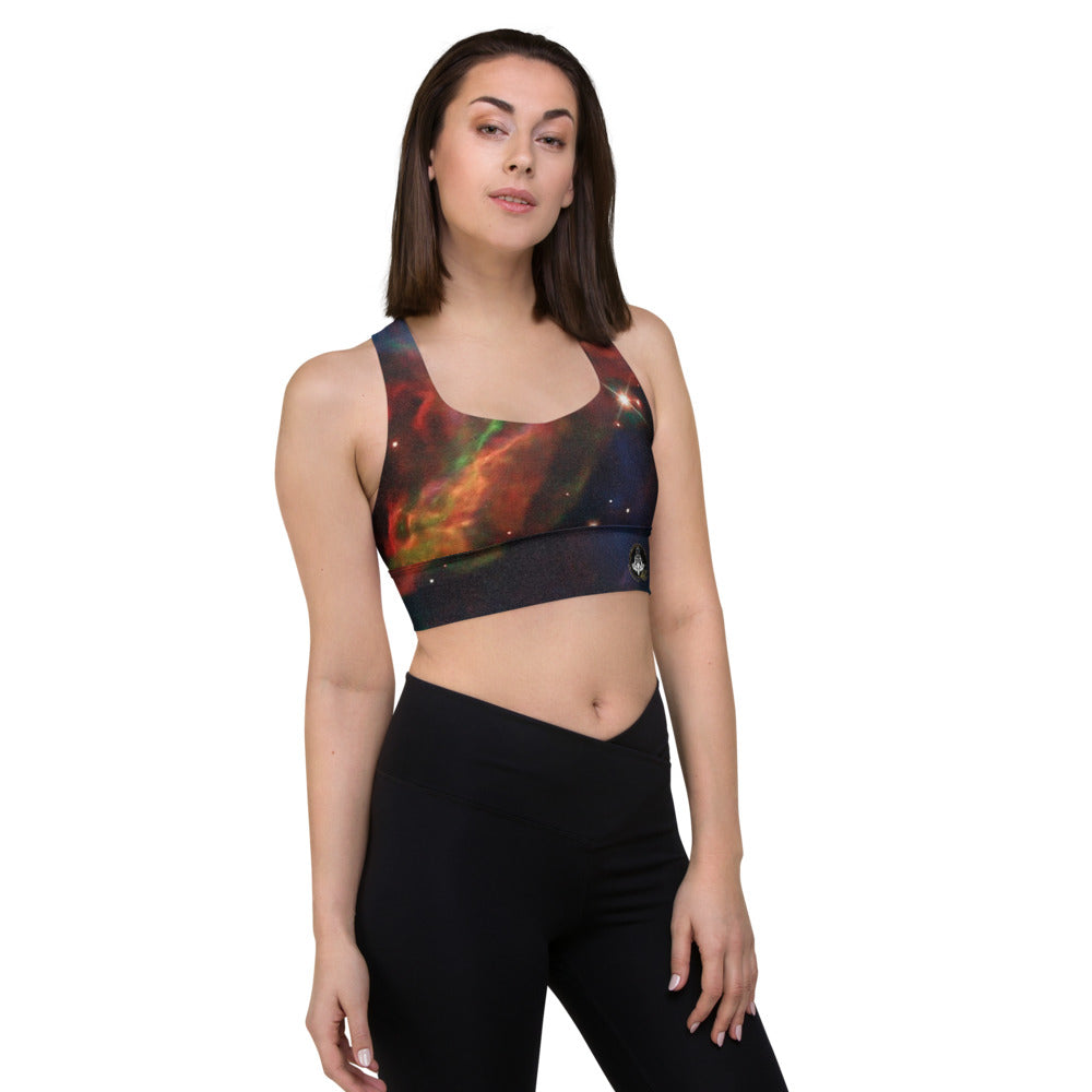 Fun Meditating Astronaut Logo Veil Nebula Longline Sports Bra, Celestial Design Sports Bra by Productive Slacker