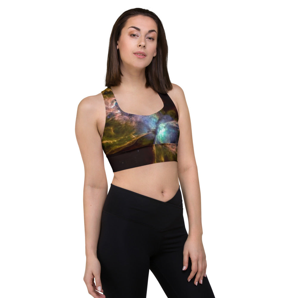 Stunning Butterfly Nebula Longline Sports Bra, Celestial Design Sports Bra by Productive Slacker