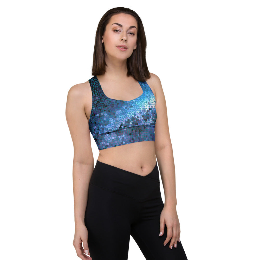 Unique Pixilated Milky Way Design Longline Sports Bra, Celestial Design Sports Bra by Productive Slacker