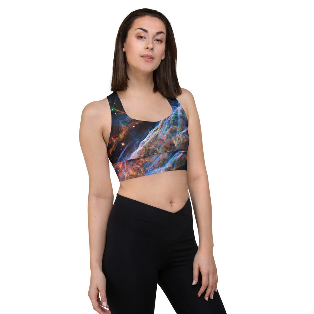 Stunning and Sexy Veil Nebula Longline Sports Bra, Celestial Design Sports Bra