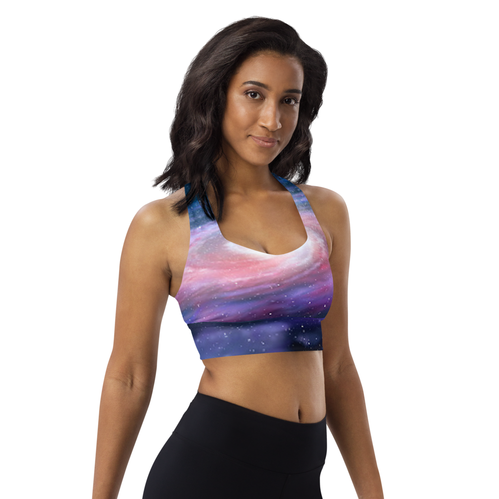Cute Pink Galaxy Criss Cross Illusion Design Longline sports bra by Productive Slacker tm