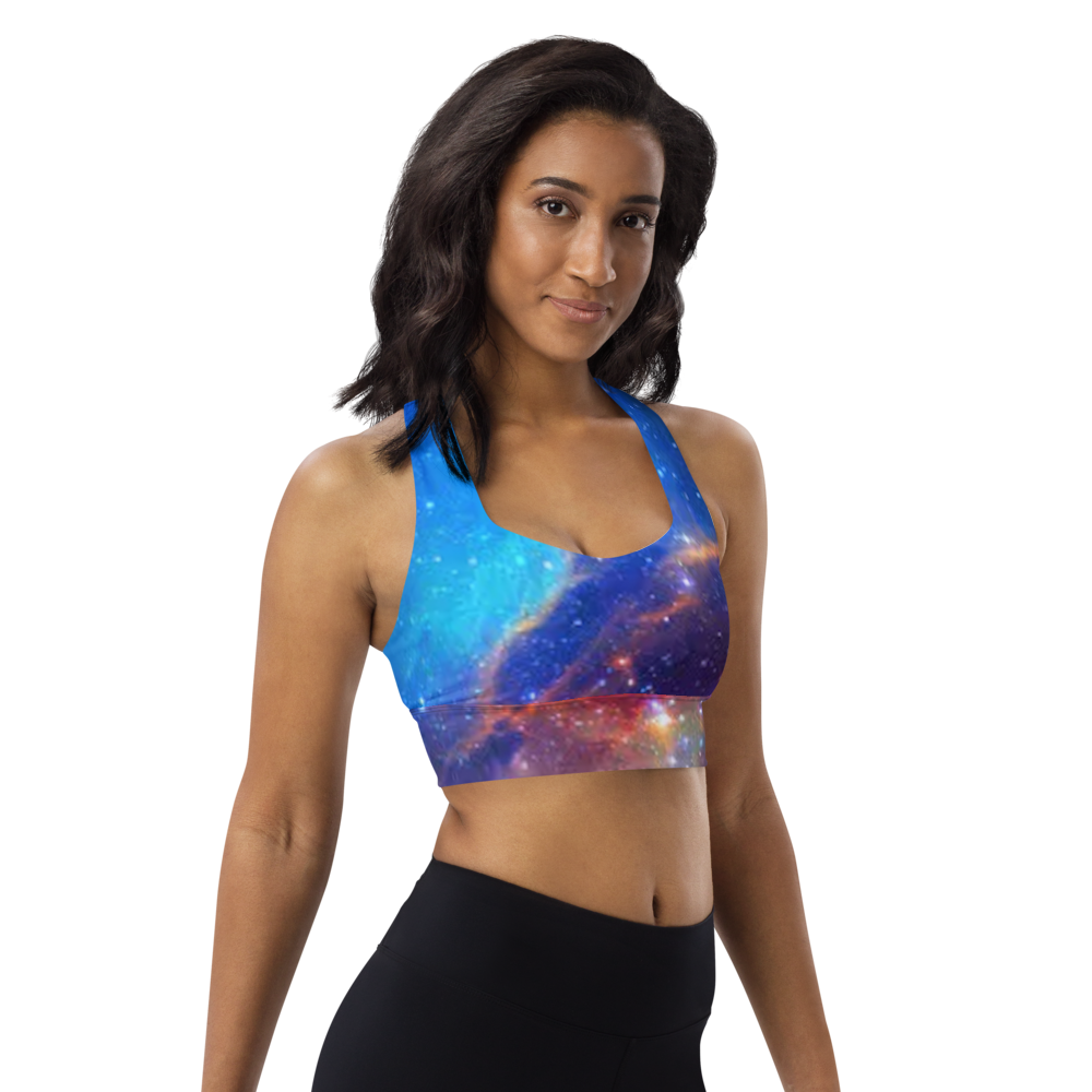 Trendy Pink and Blue Nebula Longline sports bra, Fun Celestial Sports Bra by Productive Slacker tm