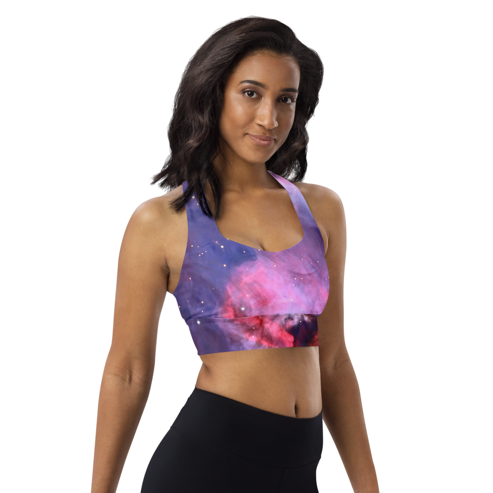 Alluring Pink Orion Nebula Longline Sports Bra, Cute Celestial Sports Bra by Productive Slacker