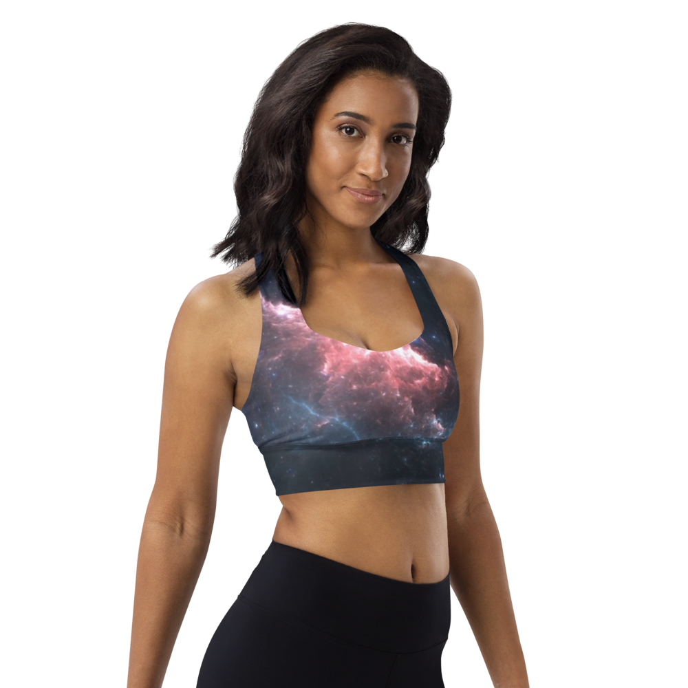 Stylish and Fun Dark Nebula Longline Sports Bra, Celestial Designed Sports Bra by Productive Slacker