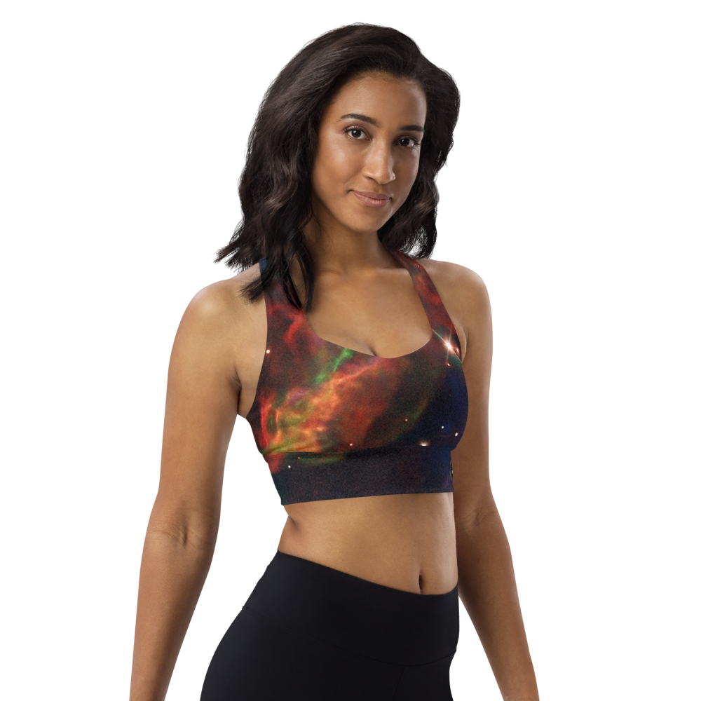 Fun Meditating Astronaut Logo Veil Nebula Longline Sports Bra, Celestial Design Sports Bra by Productive Slacker