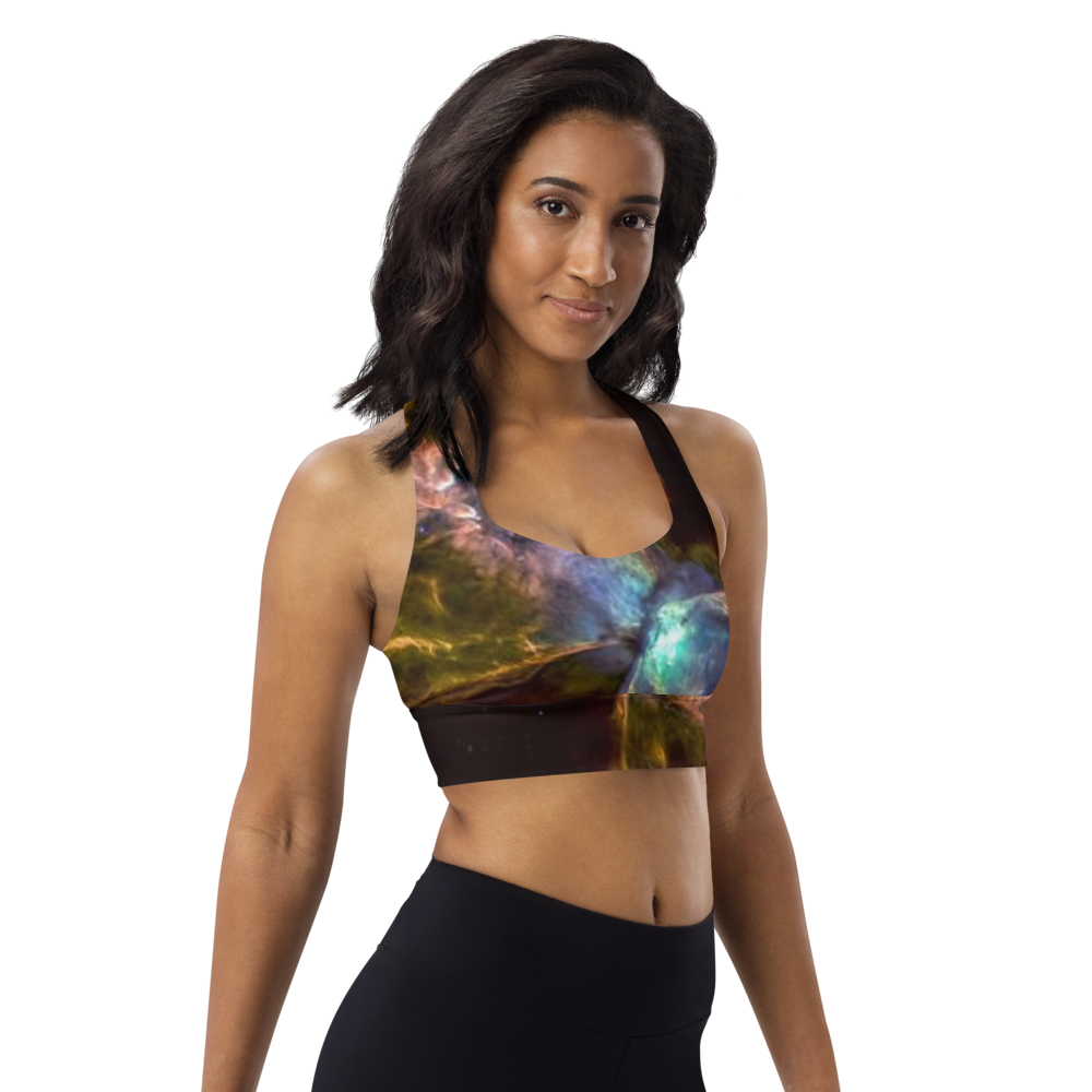 Stunning Butterfly Nebula Longline Sports Bra, Celestial Design Sports Bra by Productive Slacker