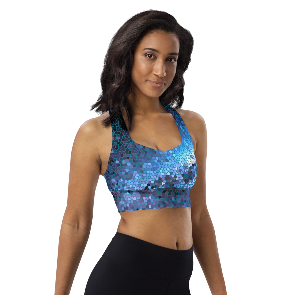 Unique Pixilated Milky Way Design Longline Sports Bra, Celestial Design Sports Bra by Productive Slacker