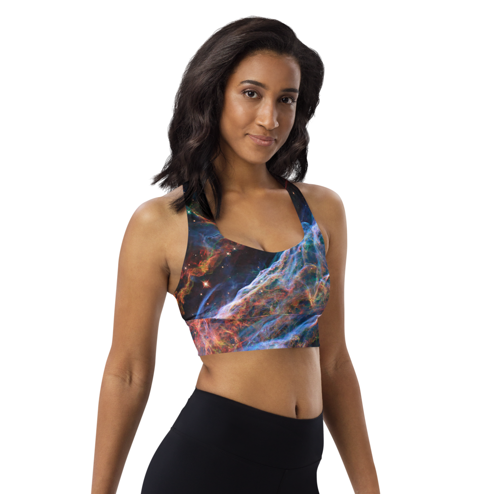 Stunning and Sexy Veil Nebula Longline Sports Bra, Celestial Design Sports Bra