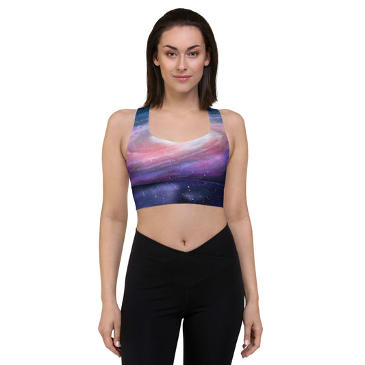 Cute Pink Galaxy Criss Cross Illusion Design Longline sports bra by Productive Slacker tm