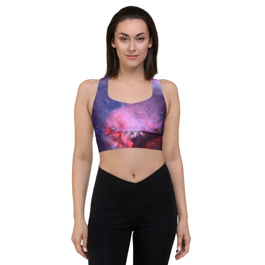 Alluring Pink Orion Nebula Longline Sports Bra, Cute Celestial Sports Bra by Productive Slacker