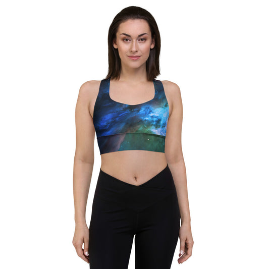 Fun Blue Nebula Star Dust Longline Sports Bra, Celestial Sports Bra by Productive Slacker