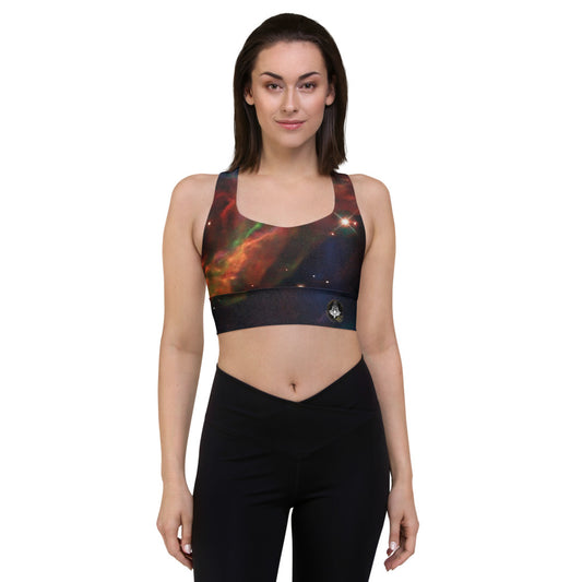 Fun Meditating Astronaut Logo Veil Nebula Longline Sports Bra, Celestial Design Sports Bra by Productive Slacker