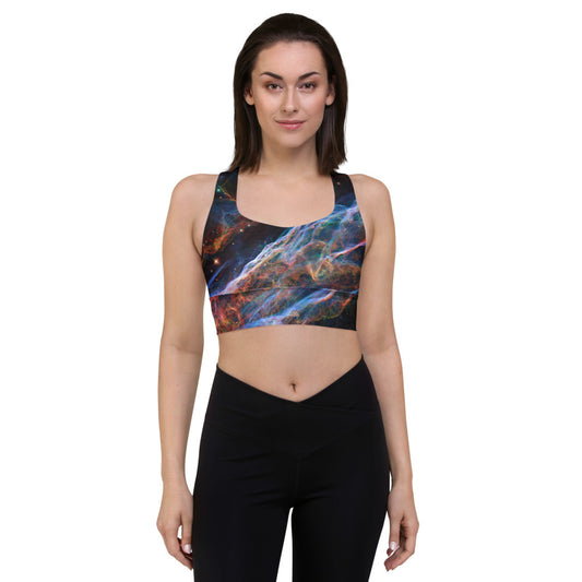 Stunning and Sexy Veil Nebula Longline Sports Bra, Celestial Design Sports Bra