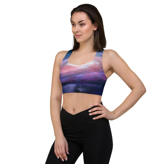Cute Pink Galaxy Criss Cross Illusion Design Longline sports bra by Productive Slacker tm