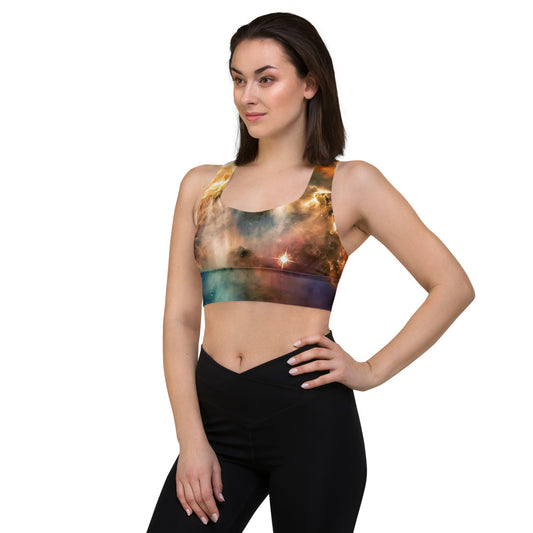Stylish Pillars of Creation Nebula Longline Sports Bra, Celestial Sports Bra by Productive Slacker tm