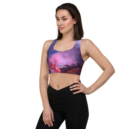 Alluring Pink Orion Nebula Longline Sports Bra, Cute Celestial Sports Bra by Productive Slacker