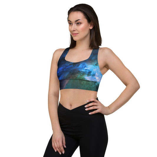 Fun Blue Nebula Star Dust Longline Sports Bra, Celestial Sports Bra by Productive Slacker