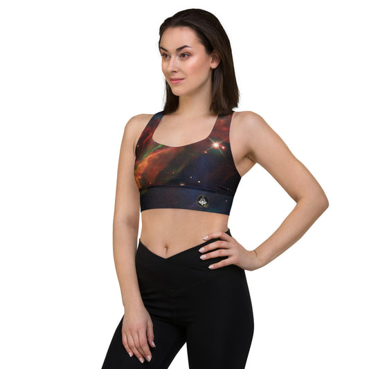 Fun Meditating Astronaut Logo Veil Nebula Longline Sports Bra, Celestial Design Sports Bra by Productive Slacker