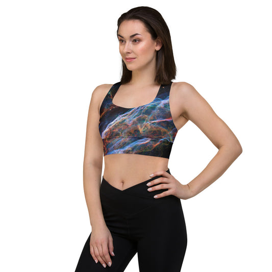 Stunning and Sexy Veil Nebula Longline Sports Bra, Celestial Design Sports Bra