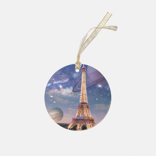 Fun Eiffel Tower with Milky Way, Jupiter and Saturn Keepsake Clear Acrylic (Round), NASA Ornament by Productive Slacker