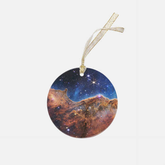 Special Edition JWST First Images Carina Nebula Keepsake Clear Acrylic (Round), NASA Ornament by Productive Slacker